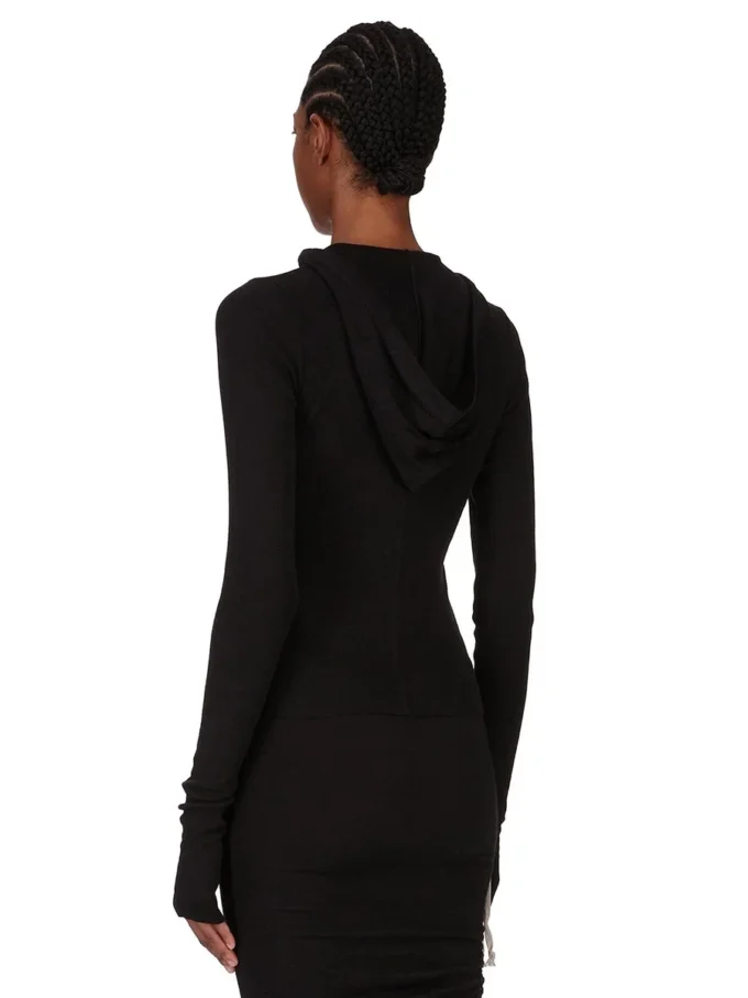 RICK OWENS FW25 CONCORDIANS CROPPED HOODED RIB LS T IN BLACK RAININO RIB JERSEY. RP02E4210RJR-09 RICK OWENS FW25 CONCORDIANS CROPPED HOODED RIB LS T IN BLACK RAININO RIB JERSEY. RP02E4210RJR-09